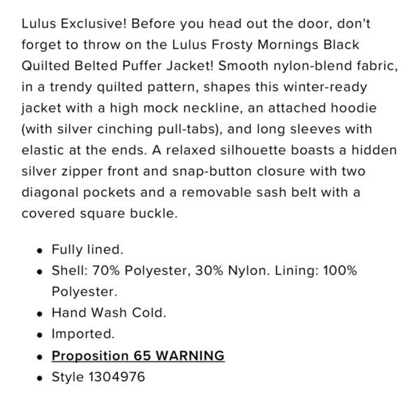 LULU'S FROSTY MORNINGS BLACK QUILTED HOODED BELTED PUFFER JACKET COAT - Picture 3 of 15